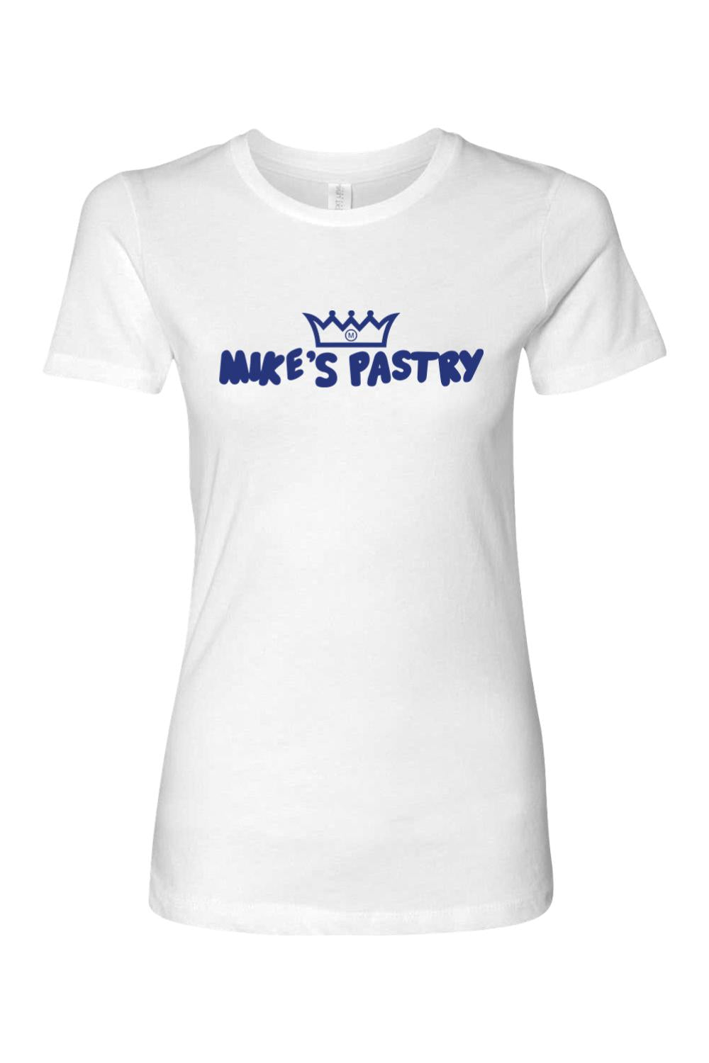 Women's white 100% cotton t-shirt featuring a blue Mike's Pastry logo and crown graphic on the chest.