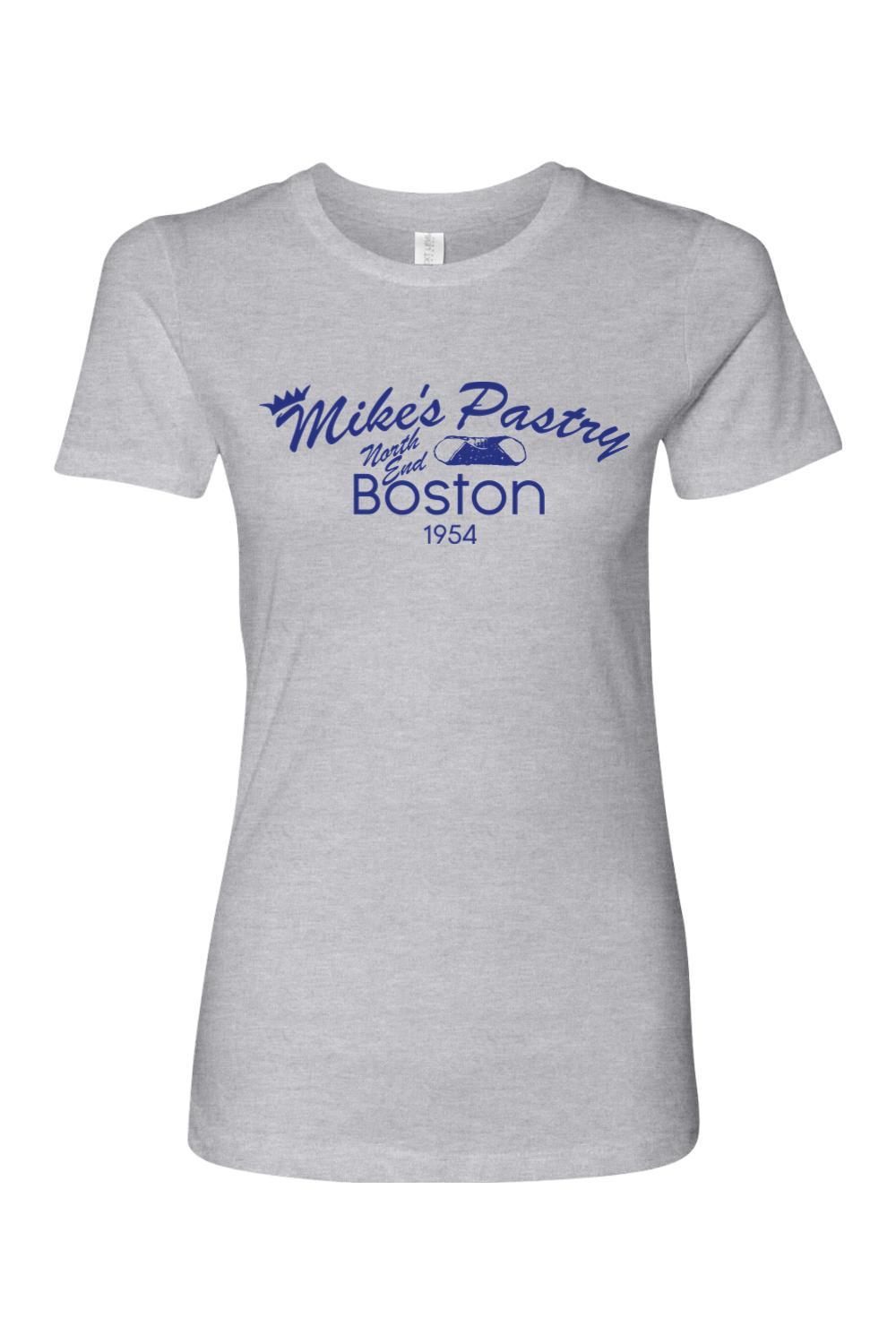 Women's heather gray 100% cotton t-shirt featuring a blue Mike's Pastry Boston logo and cannoli graphic.