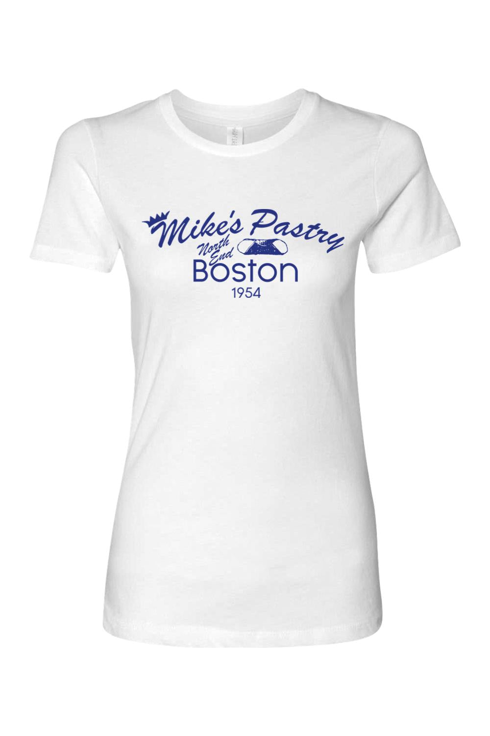Women's white 100% cotton t-shirt featuring a blue Mike's Pastry Boston logo graphic on the chest.