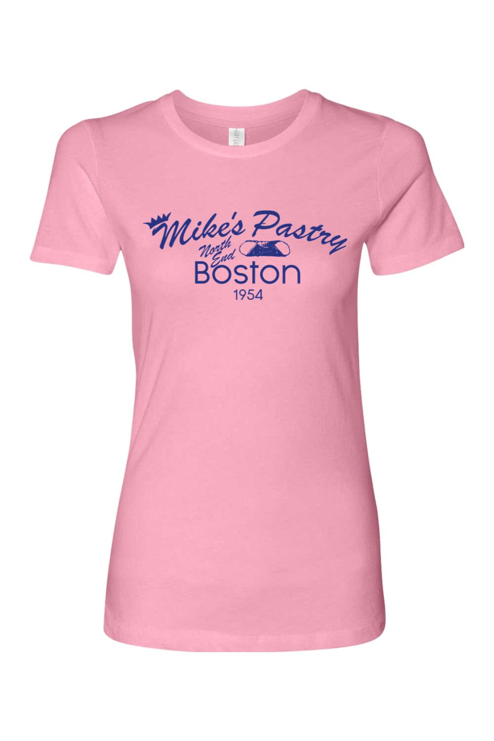 Women's light pink 100% cotton t-shirt featuring a blue Mike's Pastry North End Boston logo graphic.