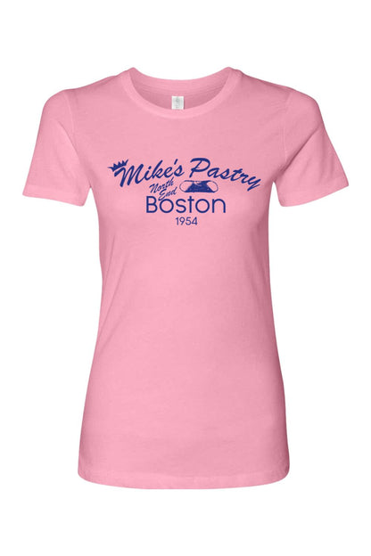 Women's light pink 100% cotton t-shirt featuring a blue Mike's Pastry North End Boston logo graphic.
