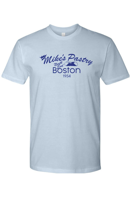 Light blue unisex cotton t-shirt featuring a retro Mike's Pastry Boston logo with a cannoli graphic.