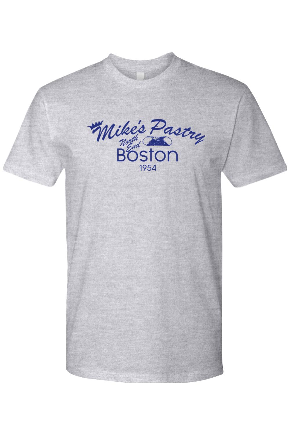 Heather grey unisex cotton t-shirt featuring a blue retro Mike's Pastry North End Boston 1954 logo graphic.