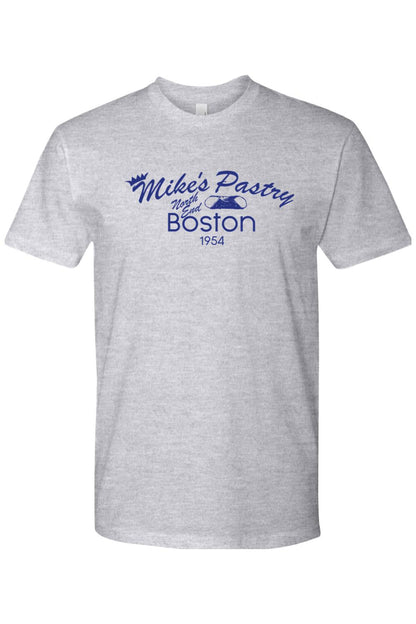 Heather grey unisex cotton t-shirt featuring a blue retro Mike's Pastry North End Boston 1954 logo graphic.