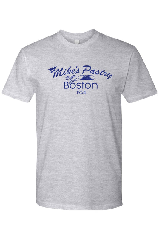 Heather grey unisex cotton t-shirt featuring a blue retro Mike's Pastry North End Boston 1954 logo graphic.