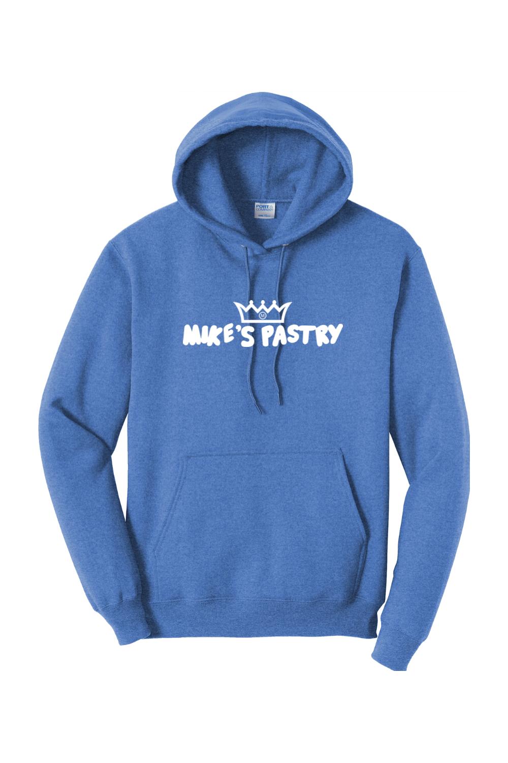 Blue Mike's Pastry fleece hoodie with a white crown logo and text, featuring a drawstring hood and front pocket.