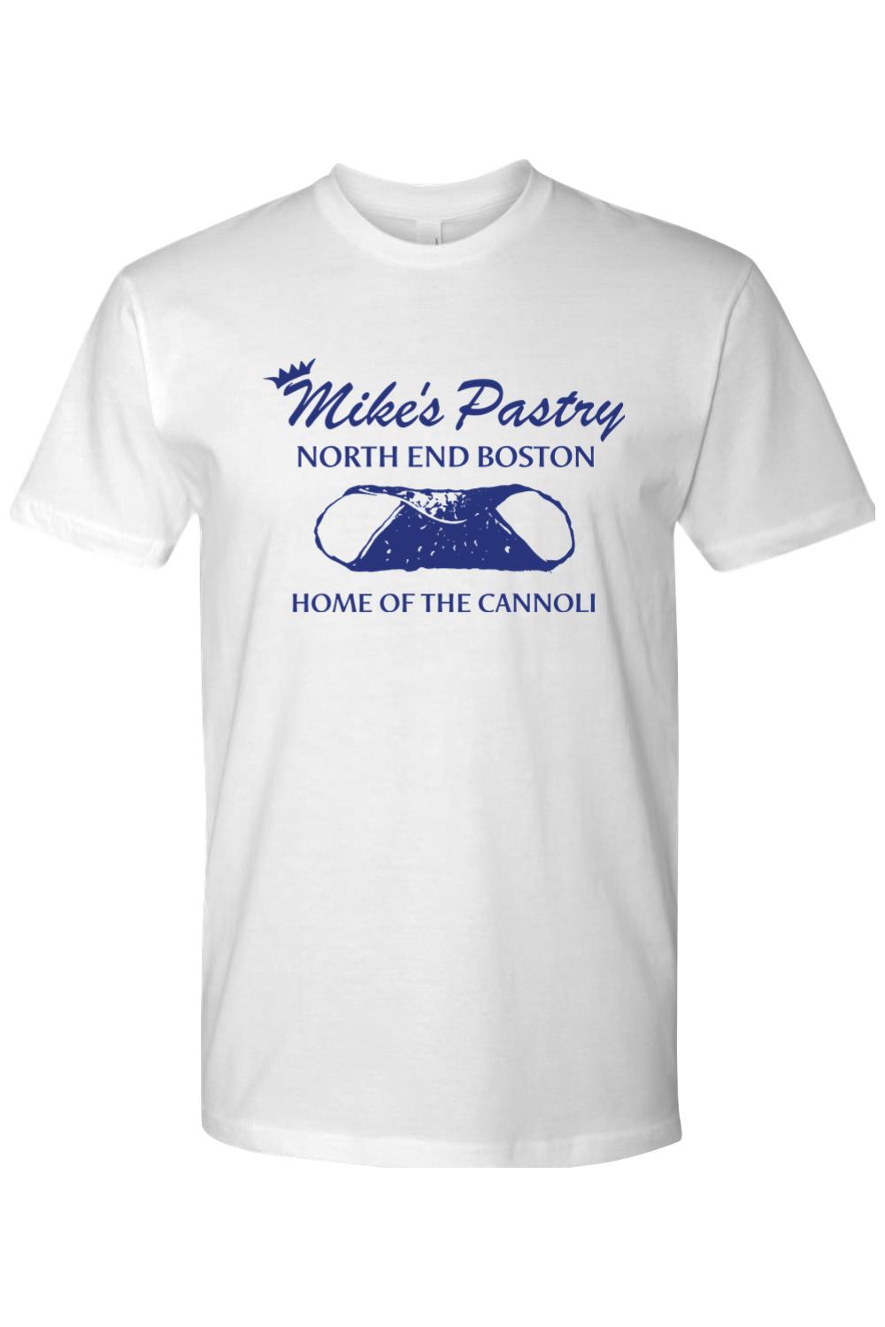 White 100% cotton men's t-shirt featuring a blue Mike's Pastry North End Boston logo and cannoli graphic.