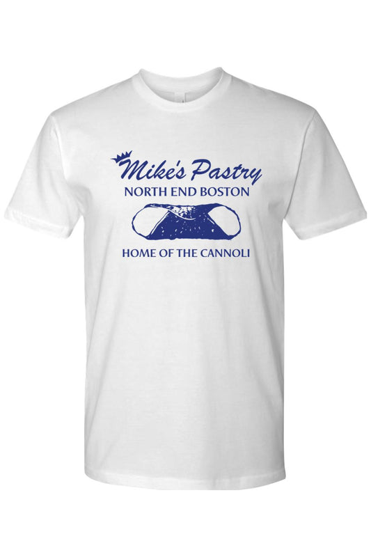 White 100% cotton men's t-shirt featuring a blue Mike's Pastry North End Boston logo and cannoli graphic.