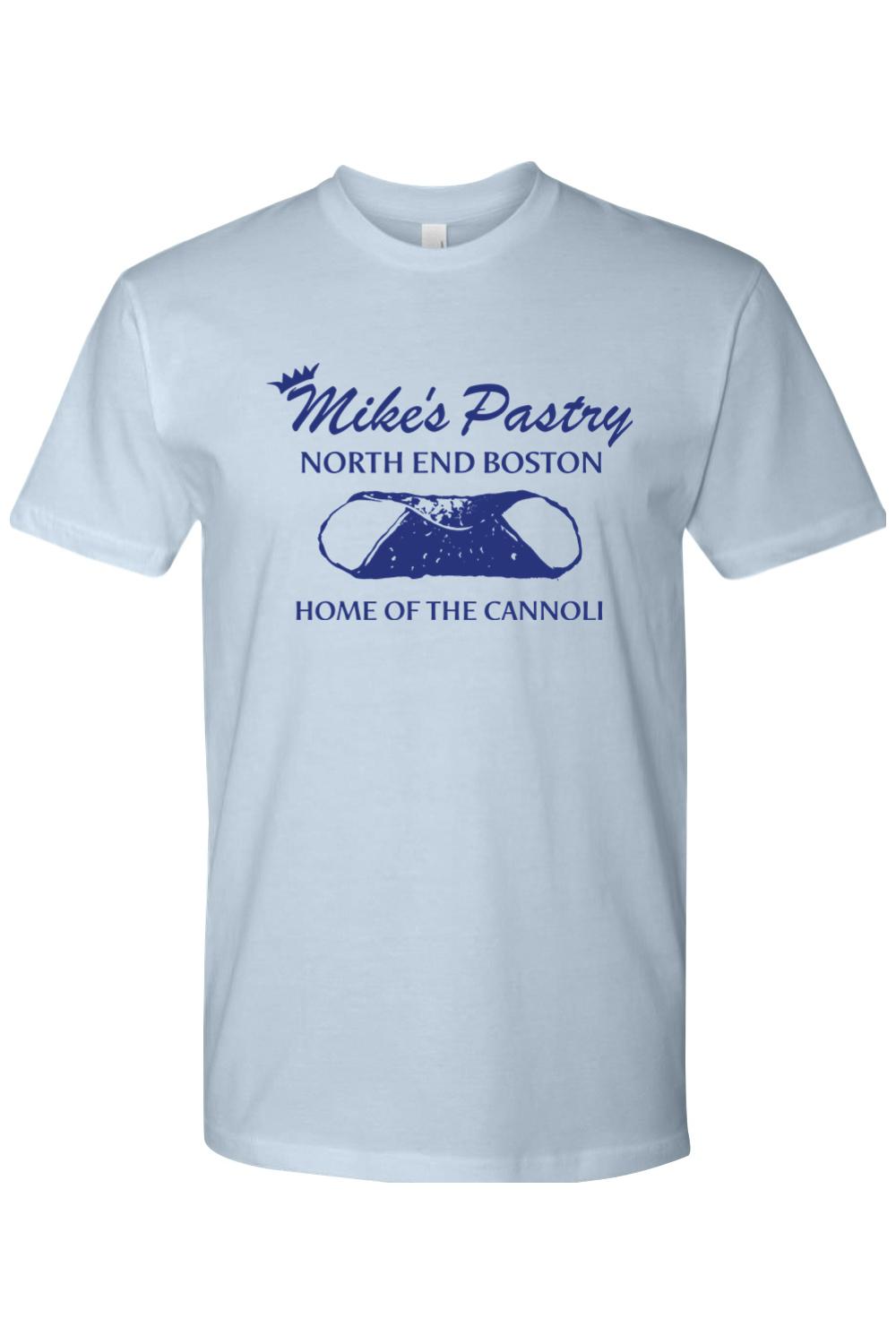 Light blue 100% cotton men's t-shirt featuring a blue Mike's Pastry North End Boston cannoli graphic print.