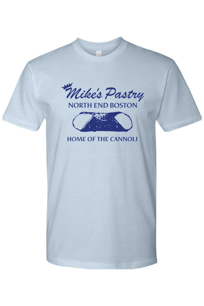 Light blue 100% cotton men's t-shirt featuring a blue Mike's Pastry North End Boston cannoli graphic print.