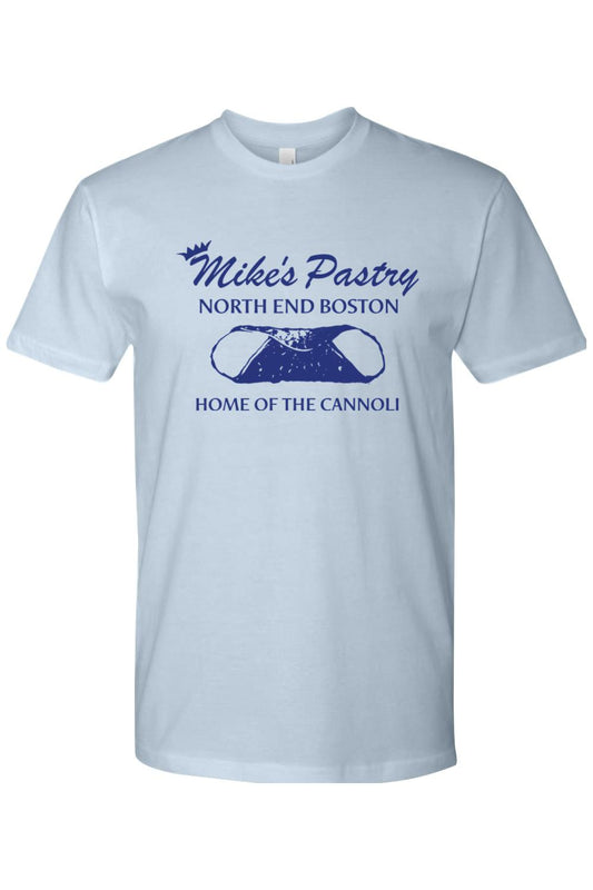 Light blue 100% cotton men's t-shirt featuring a blue Mike's Pastry North End Boston cannoli graphic print.