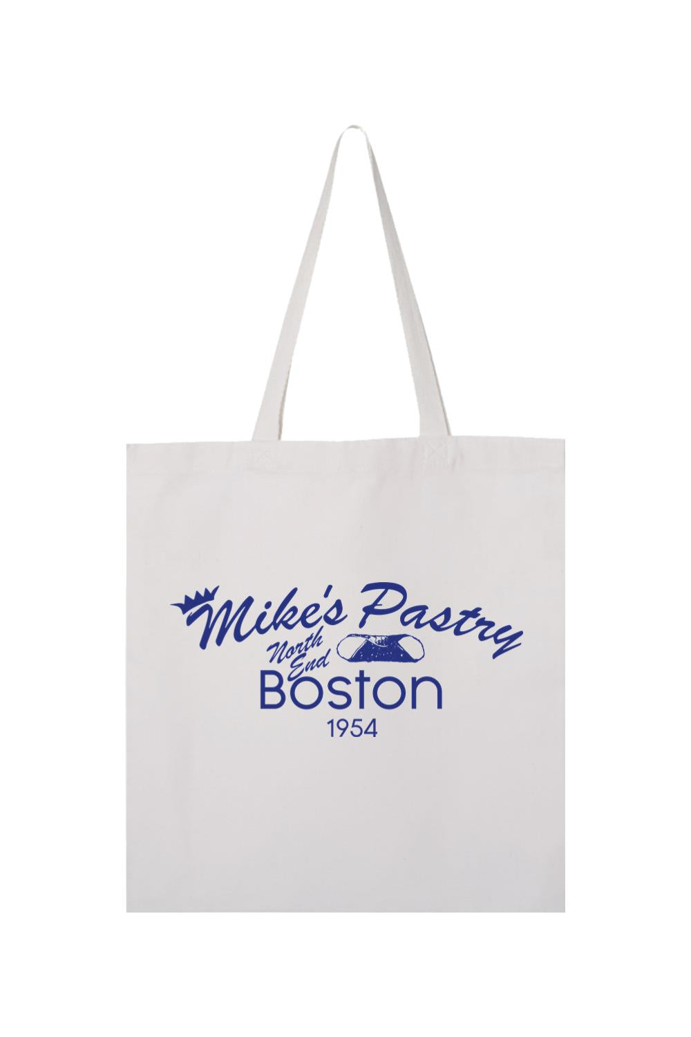 White canvas tote bag featuring a blue Mike's Pastry North End Boston logo with a cannoli graphic.