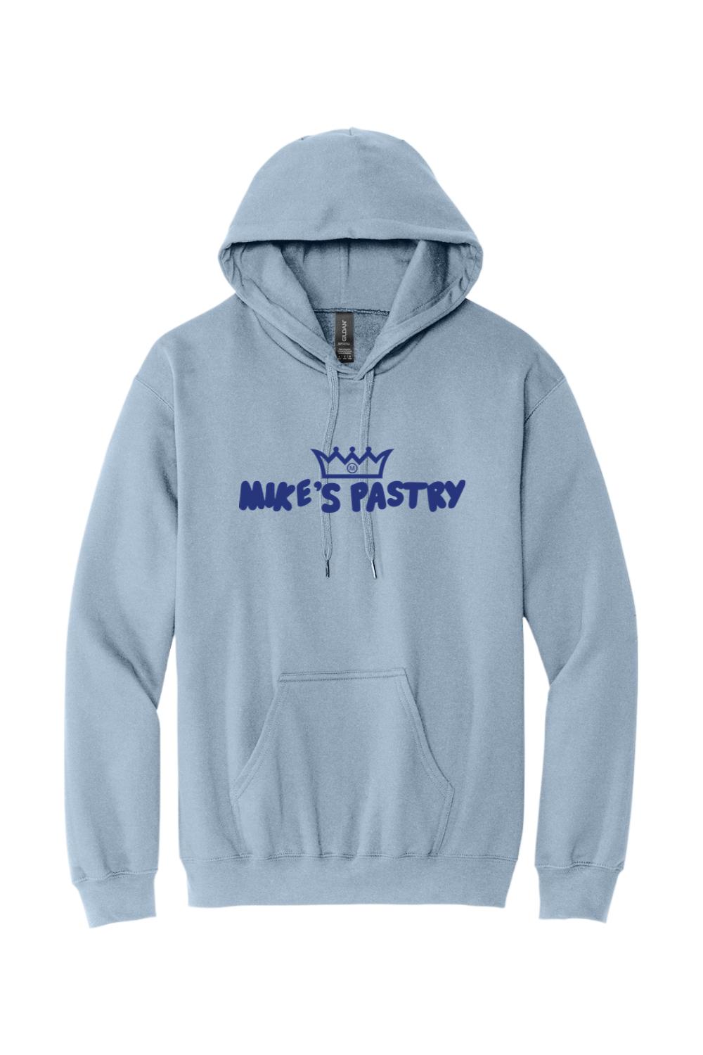 Light blue cotton-blend hoodie featuring the dark blue Mike's Pastry logo and crown graphic on the front.