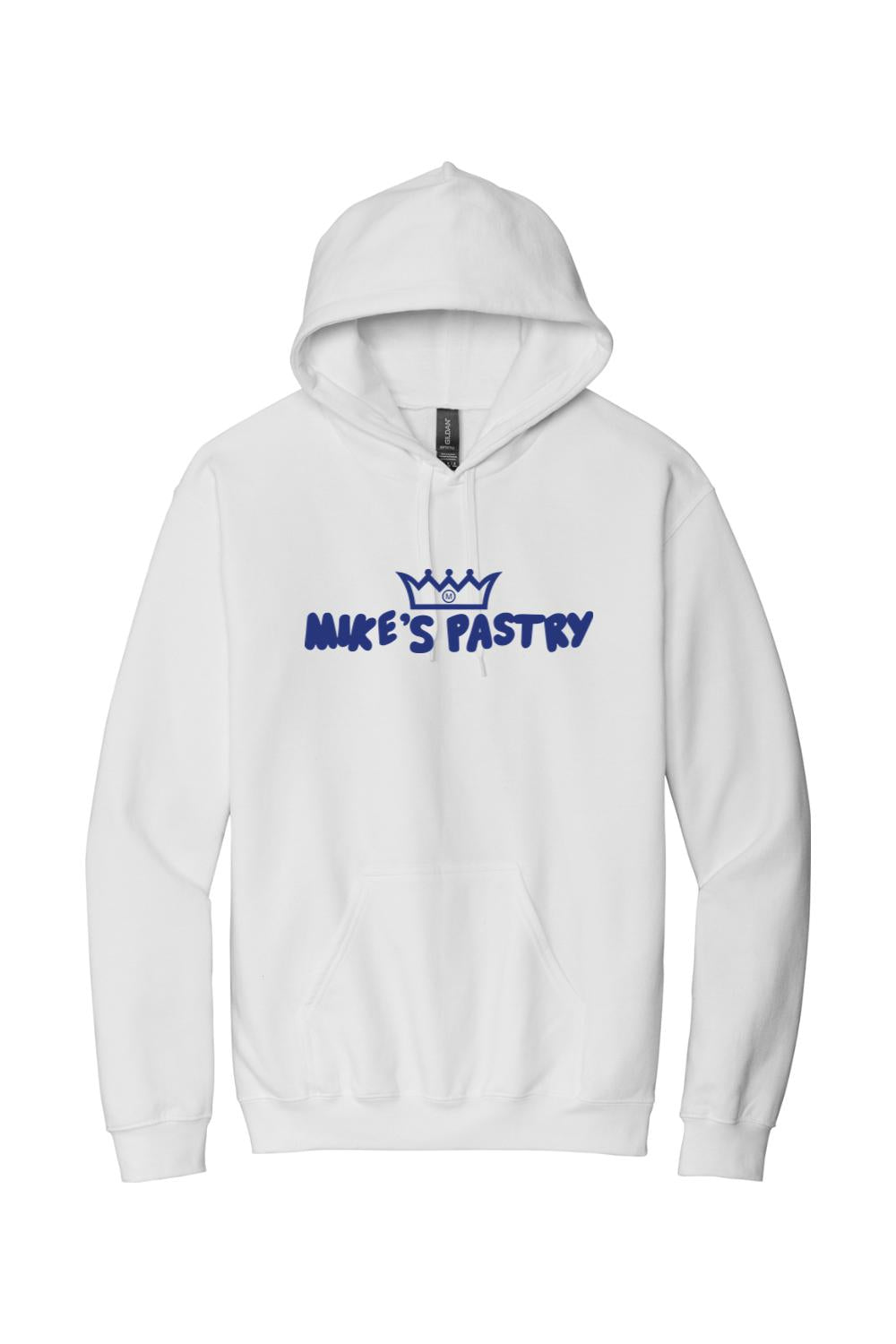 White cotton-blend pullover hoodie featuring the blue Mike's Pastry logo on the chest with a front kangaroo pocket.