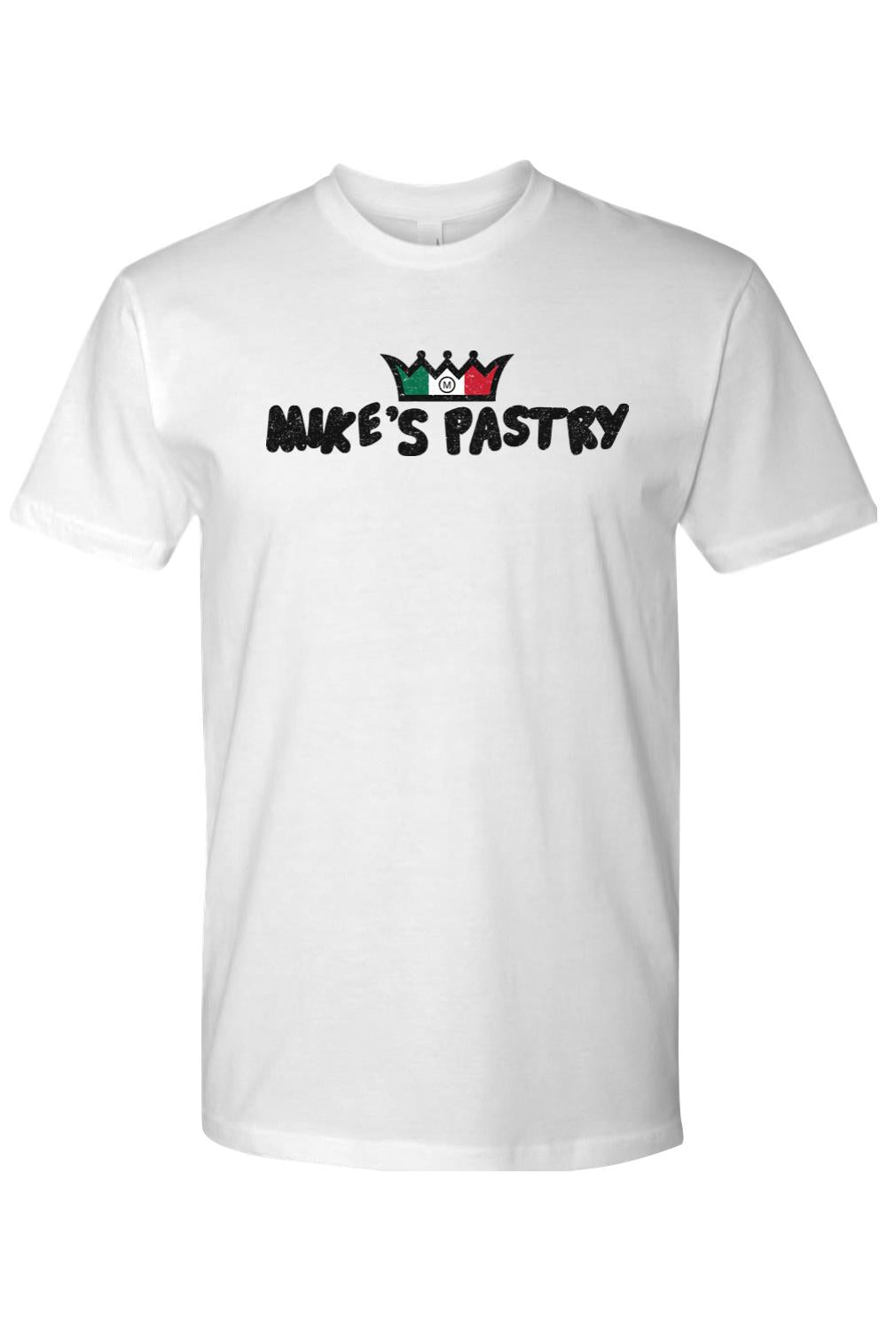 White 100% cotton men's t-shirt featuring the iconic Mike's Pastry logo with an Italian flag crown design.