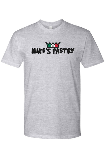 Grey 100% cotton men's t-shirt featuring the Mike's Pastry logo with an Italian flag crown design.