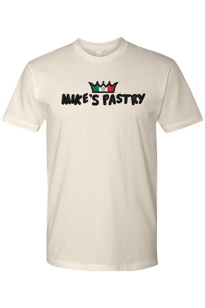 Cream-colored 100% cotton men's t-shirt featuring the iconic Mike's Pastry logo with an Italian flag-colored crown.