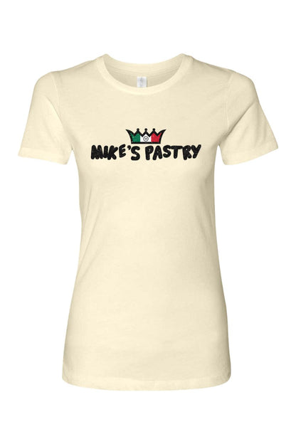Cream-colored women's 100% cotton t-shirt featuring the Mike's Pastry logo with an Italian flag crown design.