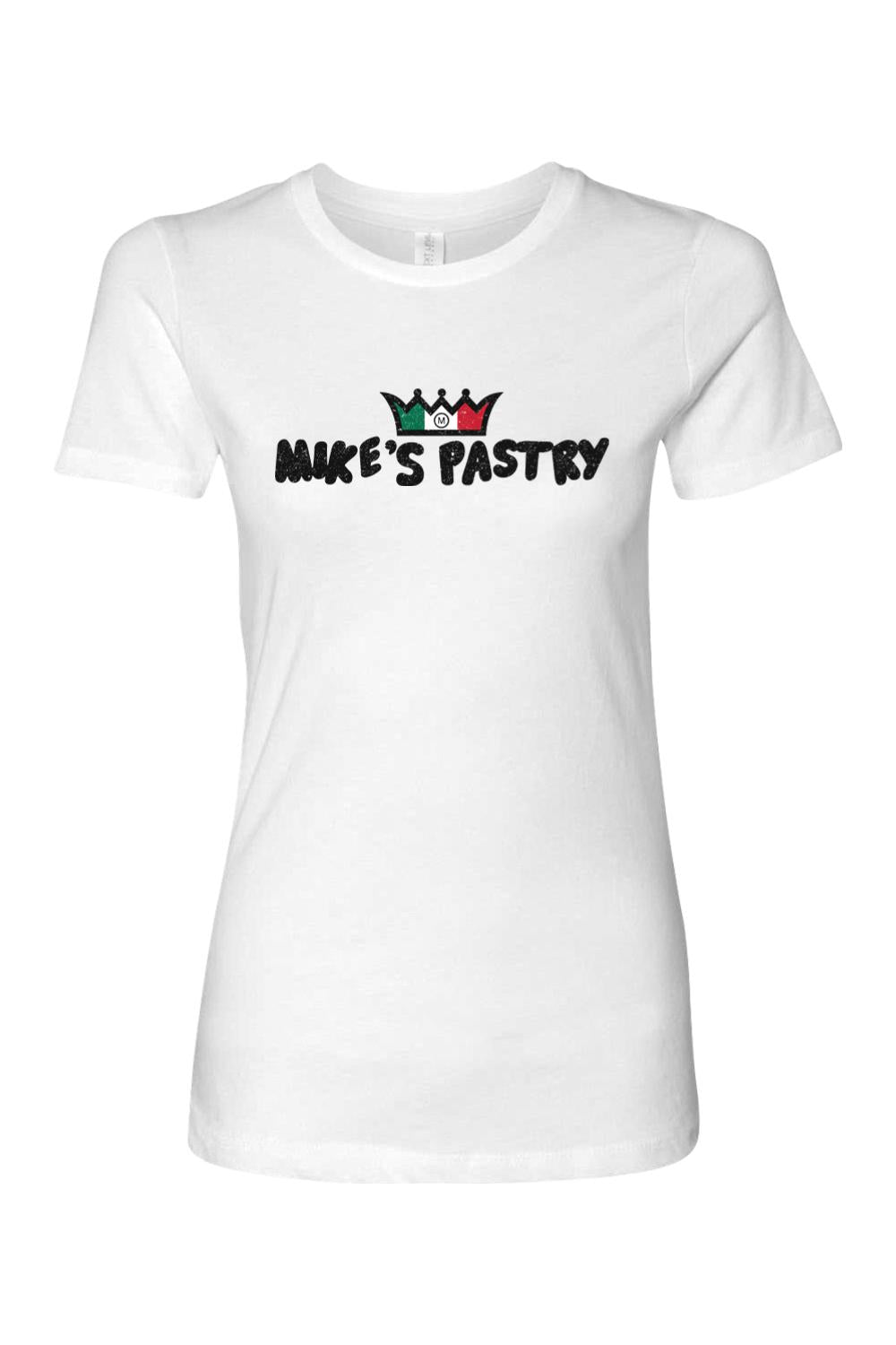 White women's 100% cotton t-shirt featuring the Mike's Pastry logo with an Italian flag crown graphic.