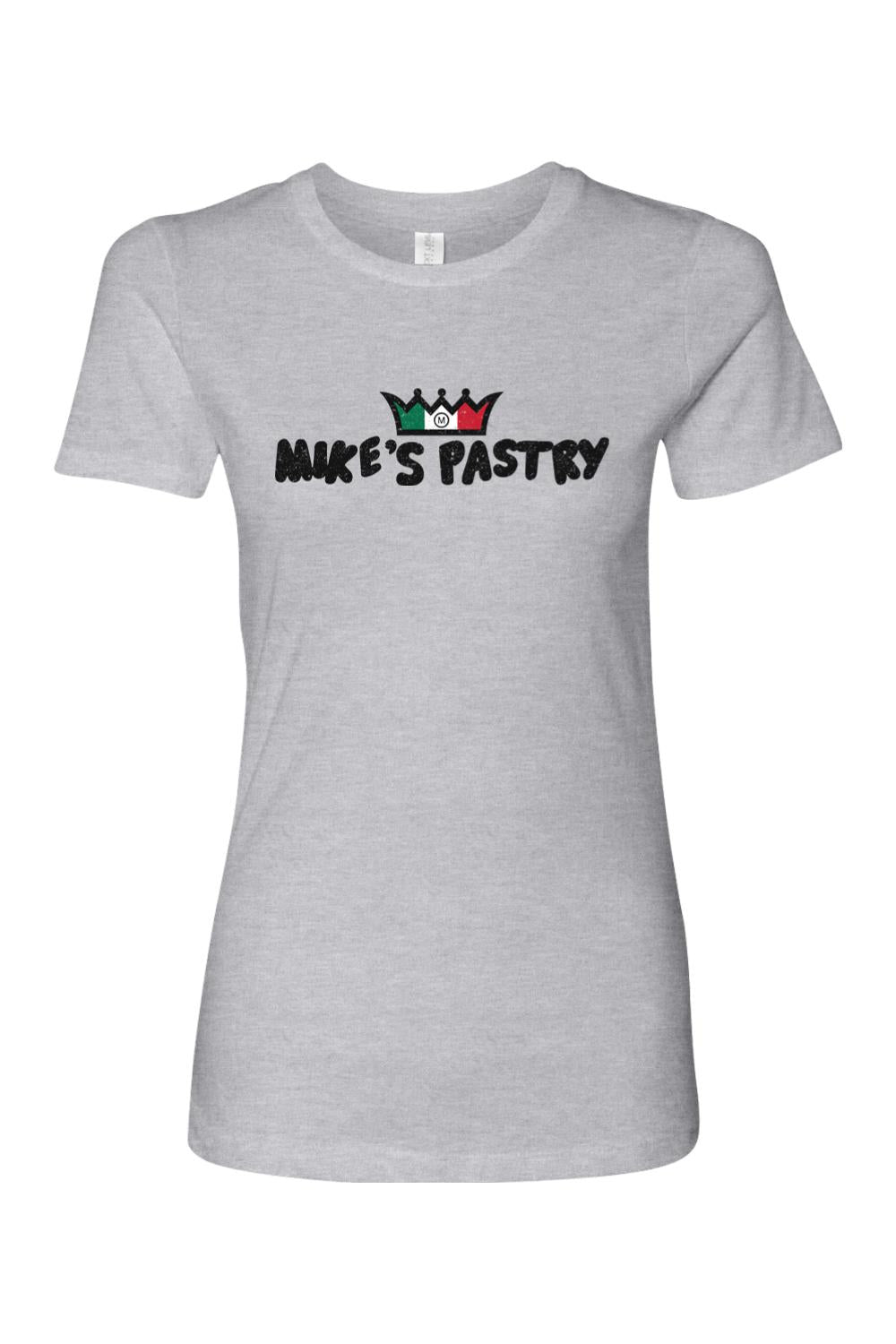 Women's grey 100% cotton t-shirt featuring the Mike's Pastry logo with an Italian flag-colored crown.