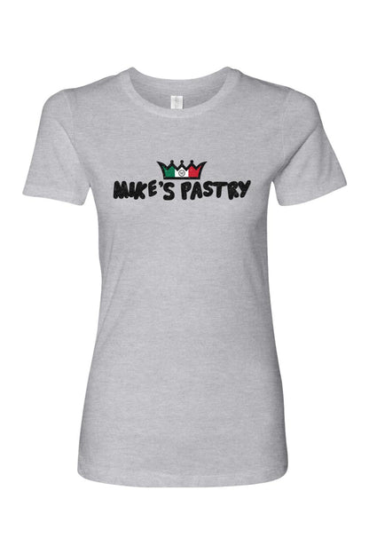 Women's grey 100% cotton t-shirt featuring the Mike's Pastry logo with an Italian flag-colored crown.