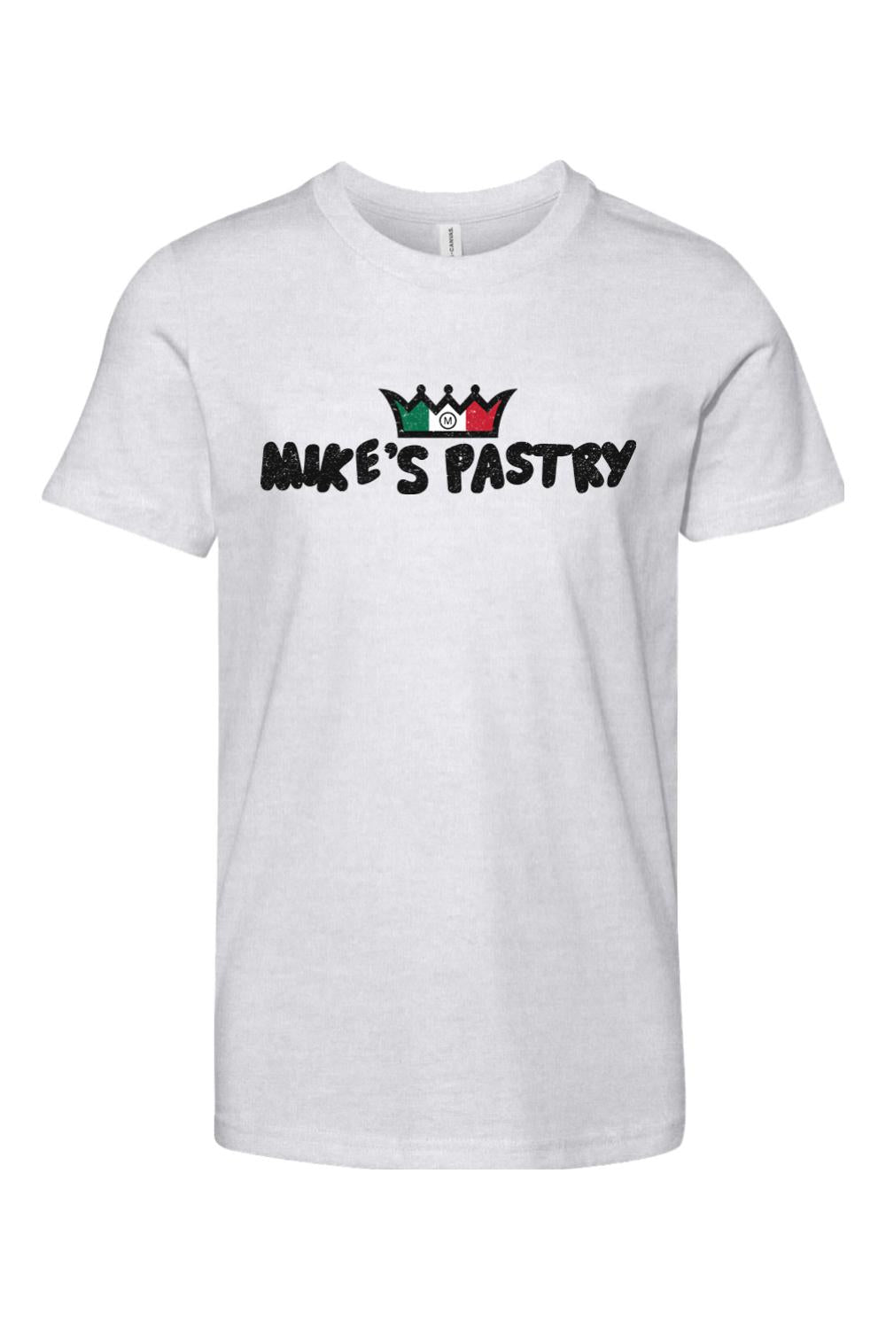 White youth cotton t-shirt featuring the Mike's Pastry logo with an Italian flag-colored crown graphic.