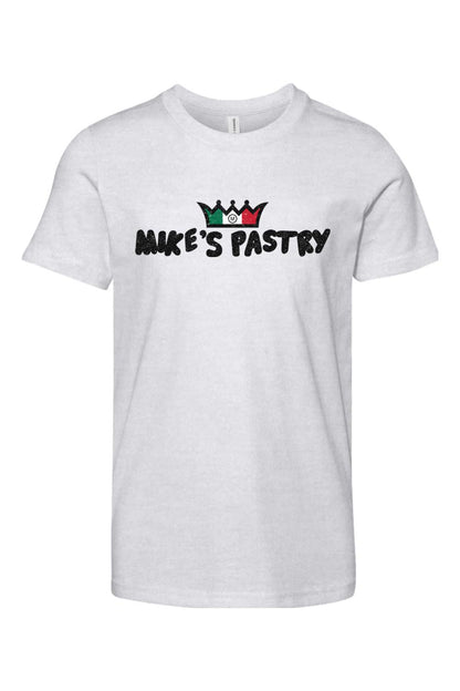 White youth cotton t-shirt featuring the Mike's Pastry logo with an Italian flag-colored crown graphic.