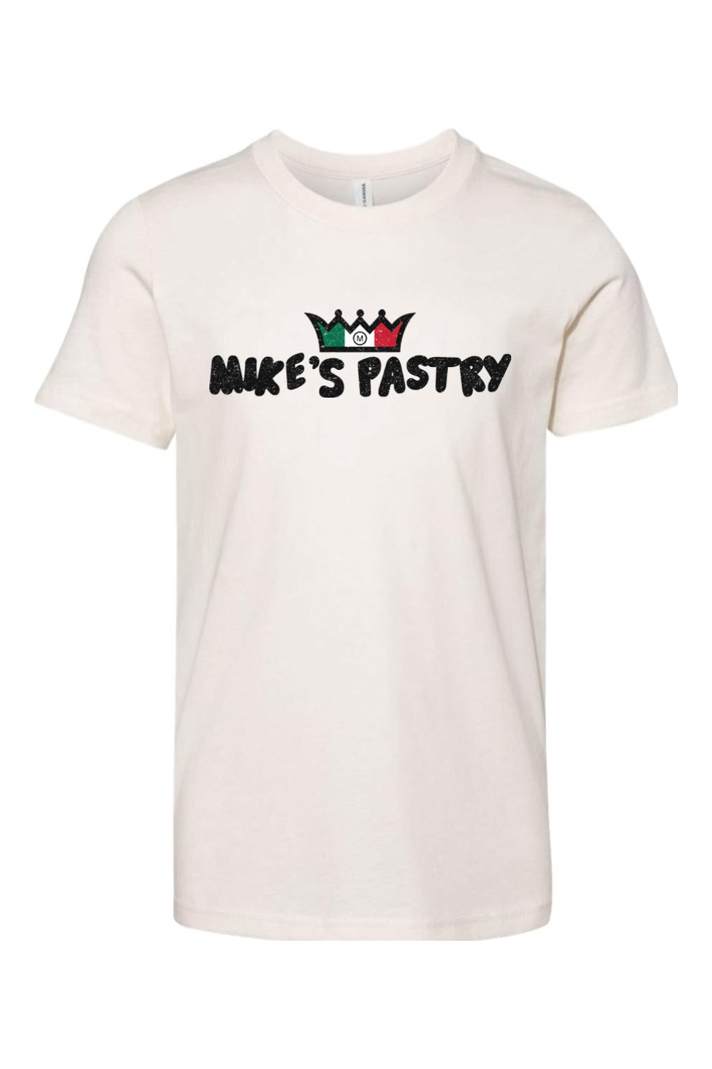 Youth white 100% cotton t-shirt featuring the black Mike's Pastry logo and a green, white, and red crown graphic.