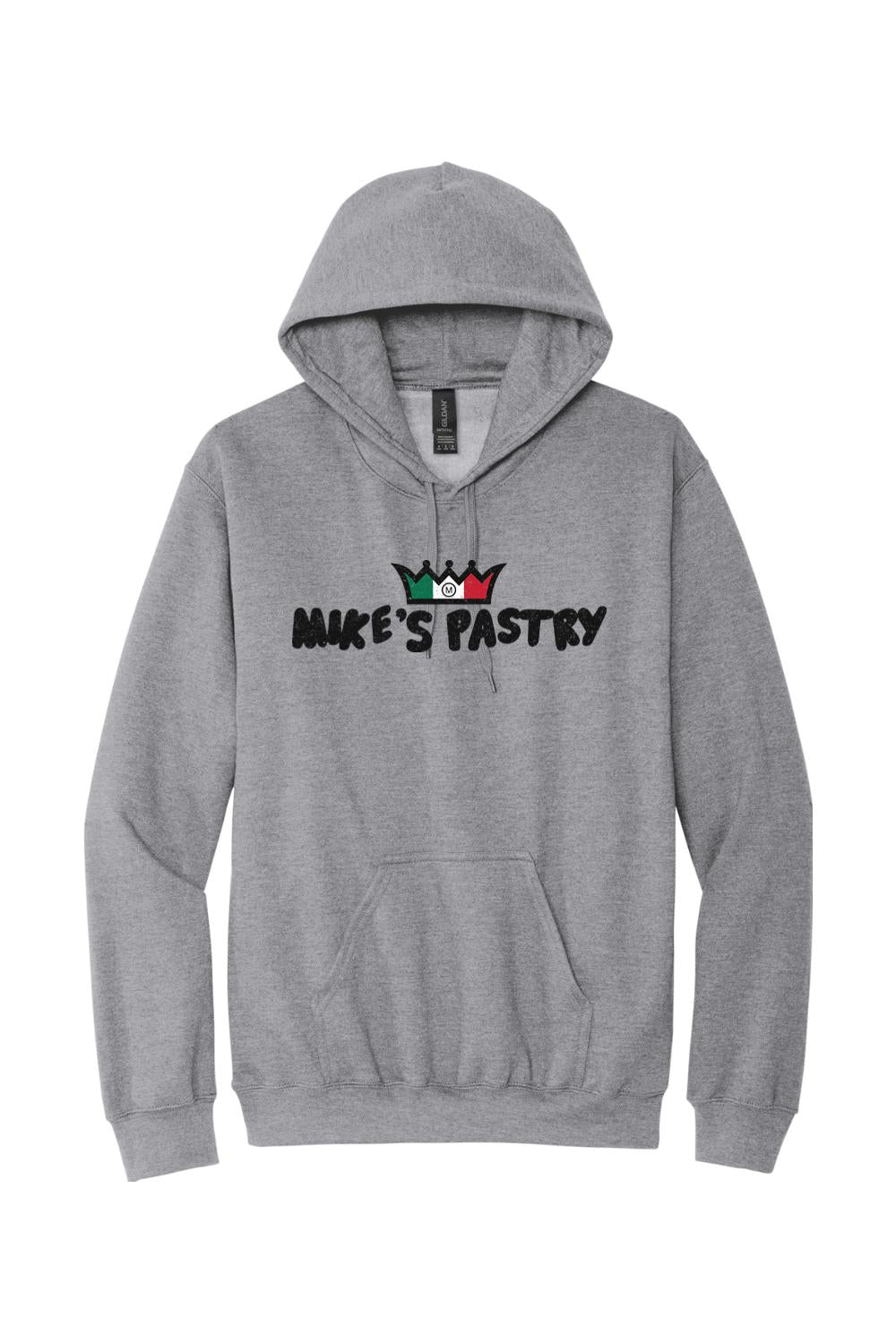 Grey fleece hoodie featuring a Mike's Pastry logo with an Italian flag crown design and a front pouch pocket.