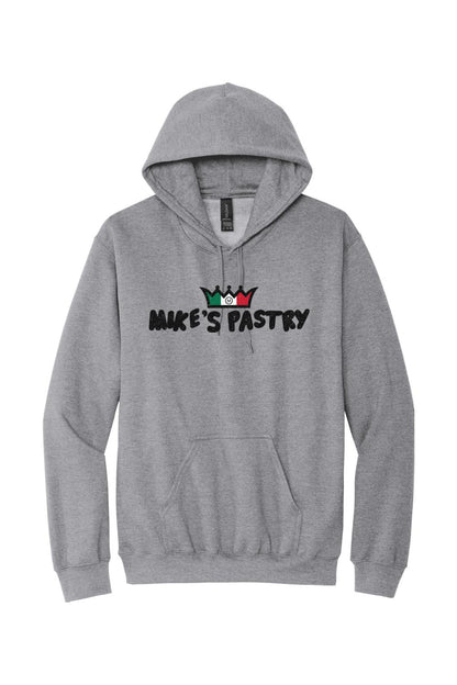 Grey fleece hoodie featuring a Mike's Pastry logo with an Italian flag crown design and a front pouch pocket.