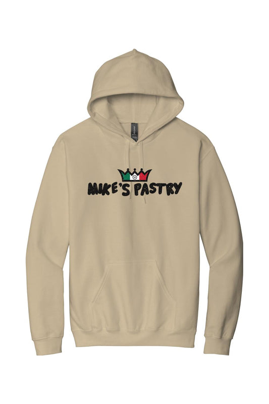 Tan unisex hoodie featuring the Mike's Pastry logo with an Italian flag crown graphic on the chest and a front pouch pocket.