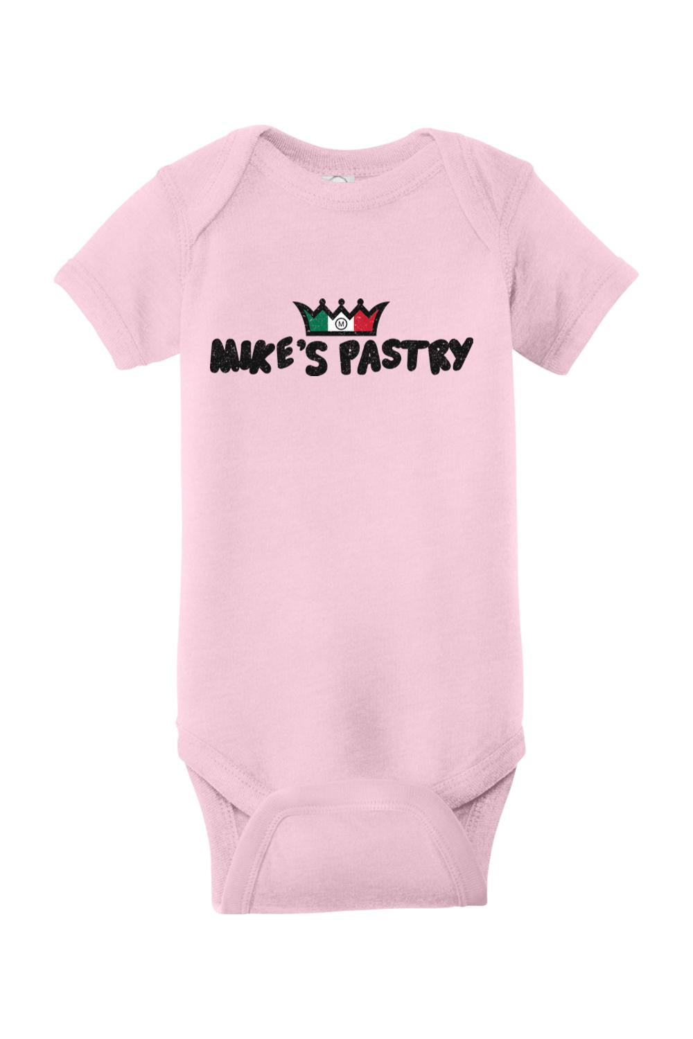 Soft pink infant onesie featuring a Mike's Pastry logo with an Italian flag crown graphic on the chest.