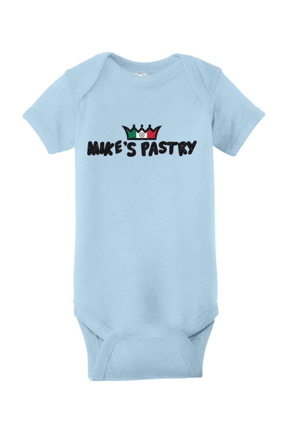 Light blue infant onesie featuring a Mike’s Pastry logo with an Italian flag-colored crown graphic.