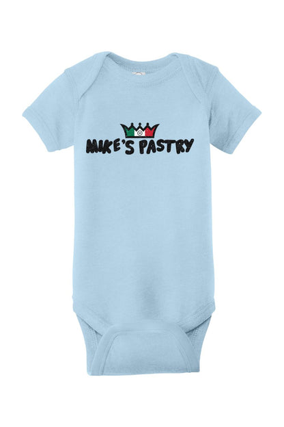 Light blue infant onesie featuring a Mike’s Pastry logo with an Italian flag-colored crown graphic.