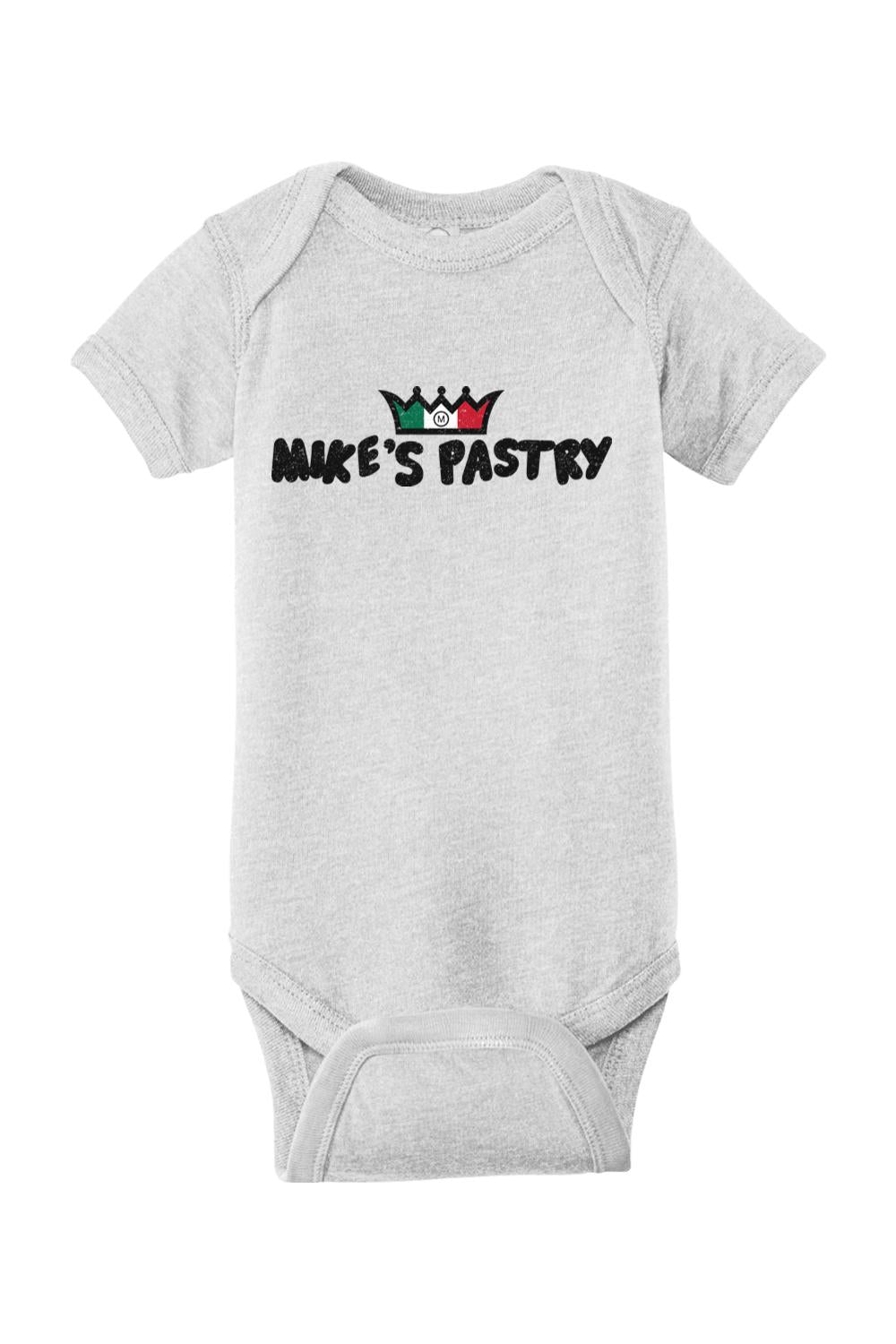 Light gray infant onesie featuring the Mike's Pastry logo with an Italian flag crown graphic.