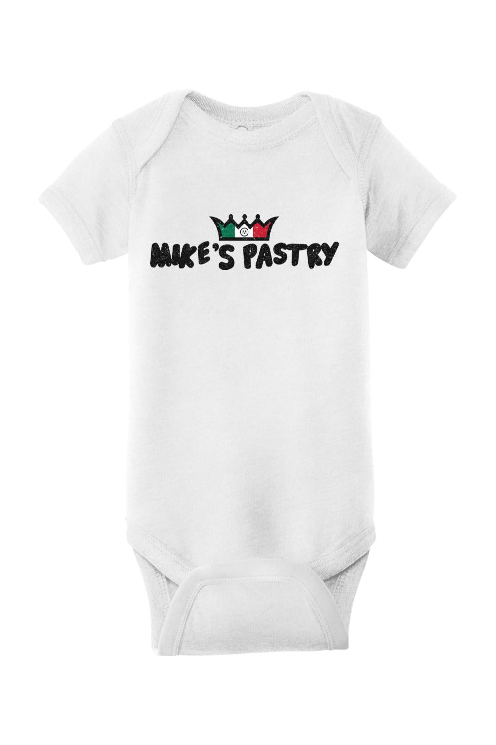 White cotton-blend infant onesie featuring a Mike's Pastry logo with an Italian flag-colored crown graphic.