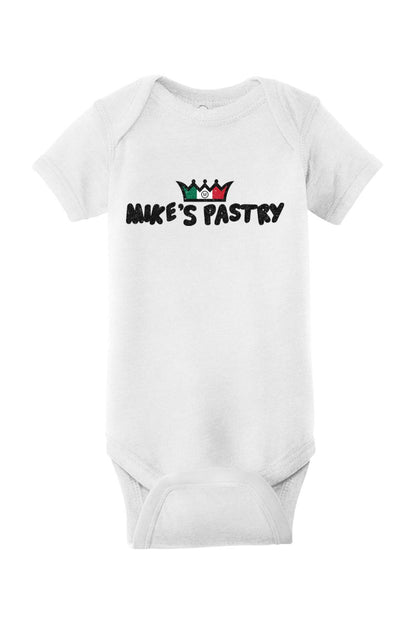 White cotton-blend infant onesie featuring a Mike's Pastry logo with an Italian flag-colored crown graphic.