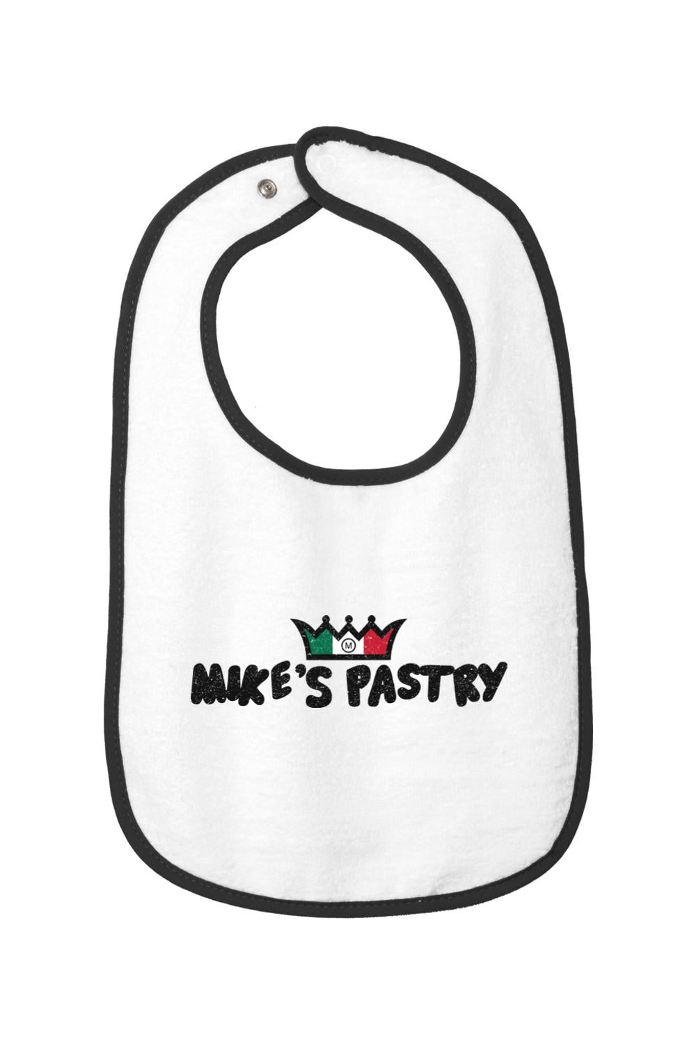 White cotton terry baby bib with black trim and Mike's Pastry Italian flag logo featuring a crown.
