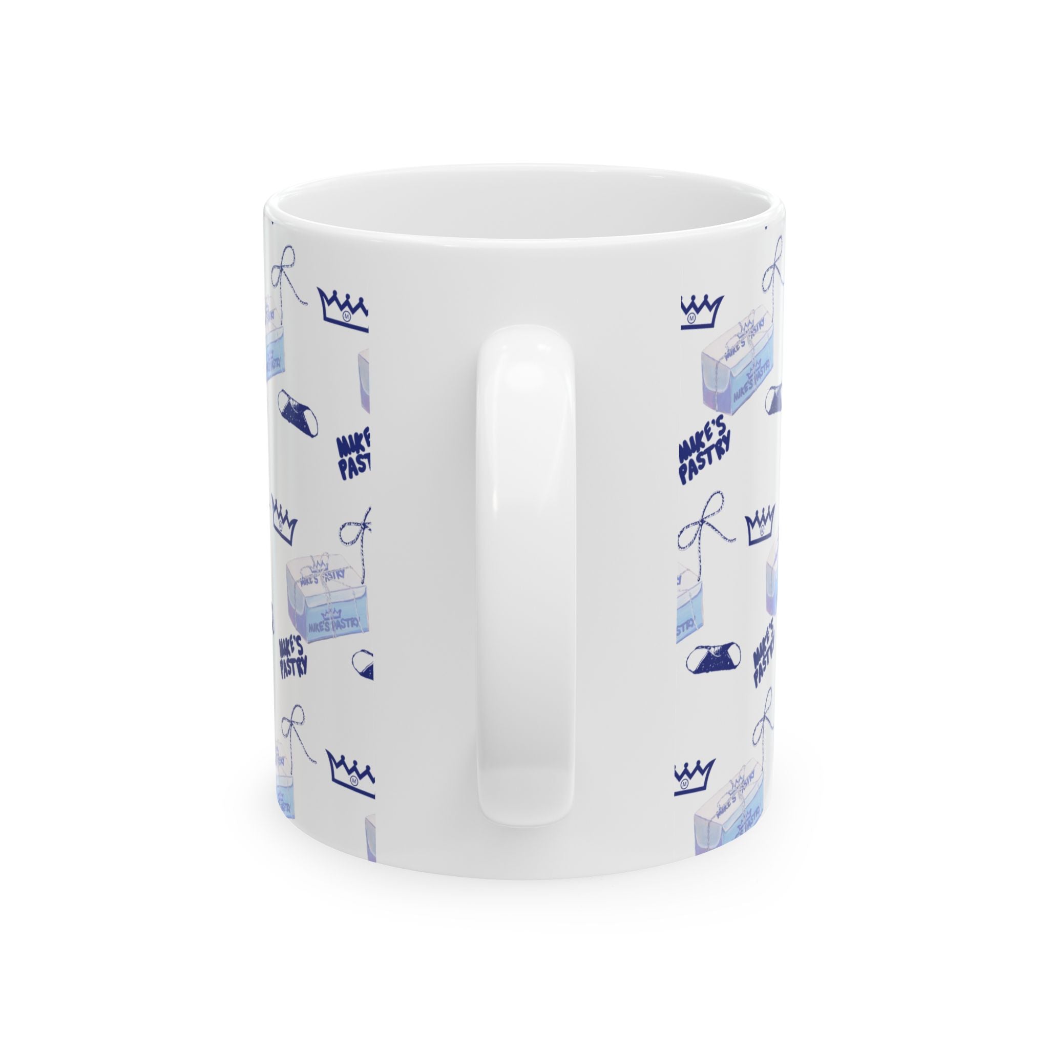 11oz white ceramic mug with a blue Mike's Pastry pattern, featuring a comfortable C-handle and shiny finish.