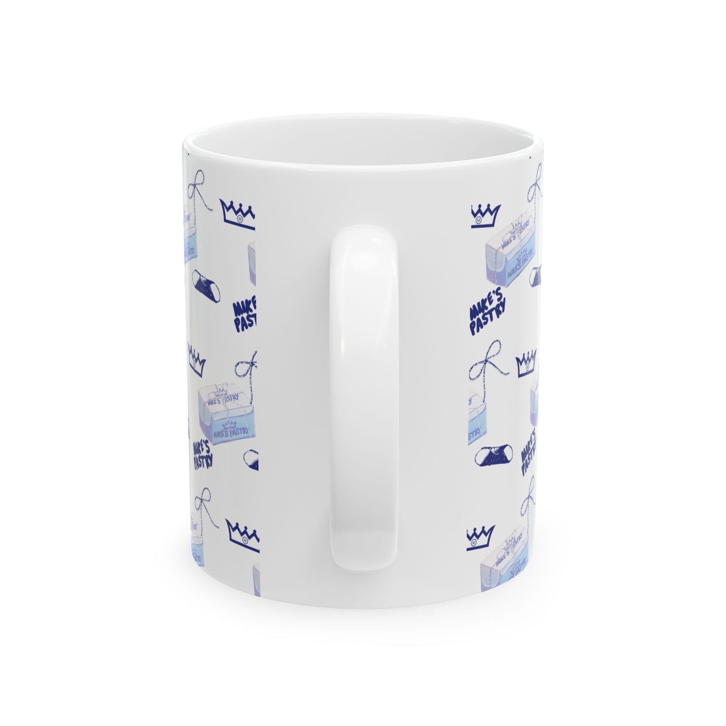 11oz white ceramic mug with a blue Mike's Pastry pattern, featuring a comfortable C-handle and shiny finish.