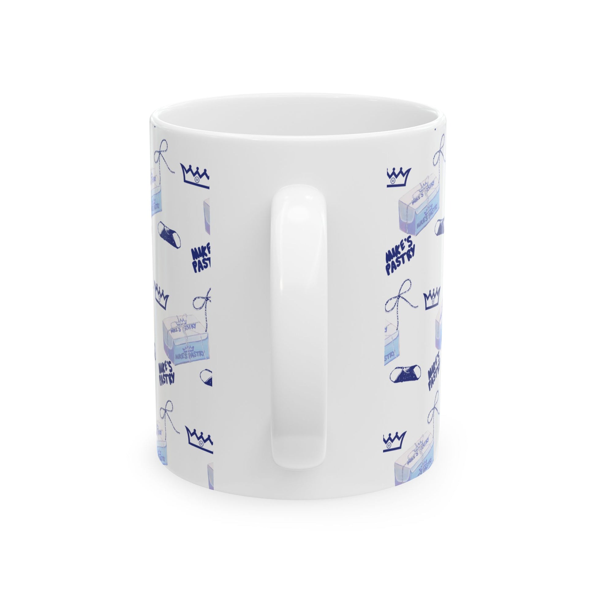 11oz white ceramic mug with a blue Mike's Pastry pattern, featuring a comfortable C-handle and shiny finish.