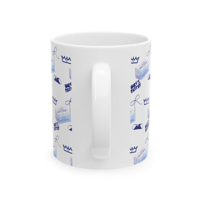 11oz white ceramic mug with a blue Mike's Pastry pattern, featuring a comfortable C-handle and shiny finish.