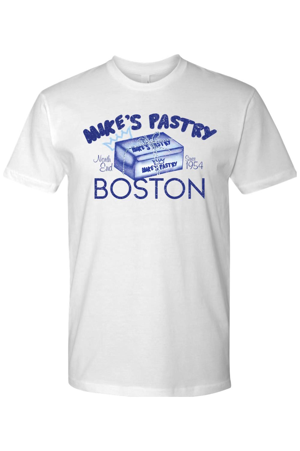 White 100% cotton t-shirt featuring a blue Mike's Pastry Boston box graphic and vintage-style text.