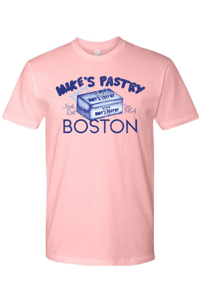 Light pink 100% cotton t-shirt featuring a blue Mike's Pastry box graphic and Boston text design.