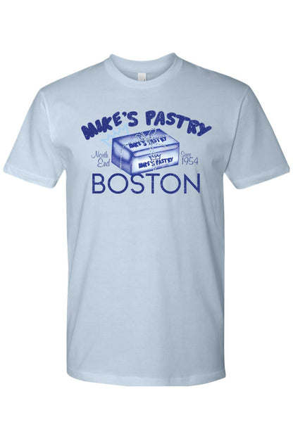 Light blue 100% cotton t-shirt featuring a blue Mike's Pastry Boston box graphic on the front.