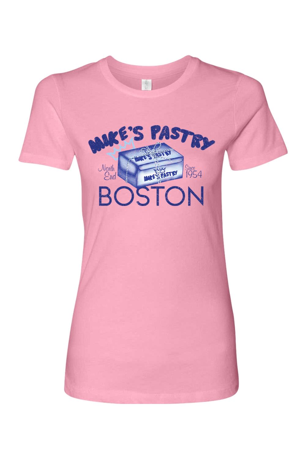 Soft pink women's 100% cotton t-shirt featuring a blue Mike's Pastry Boston graphic on the chest.