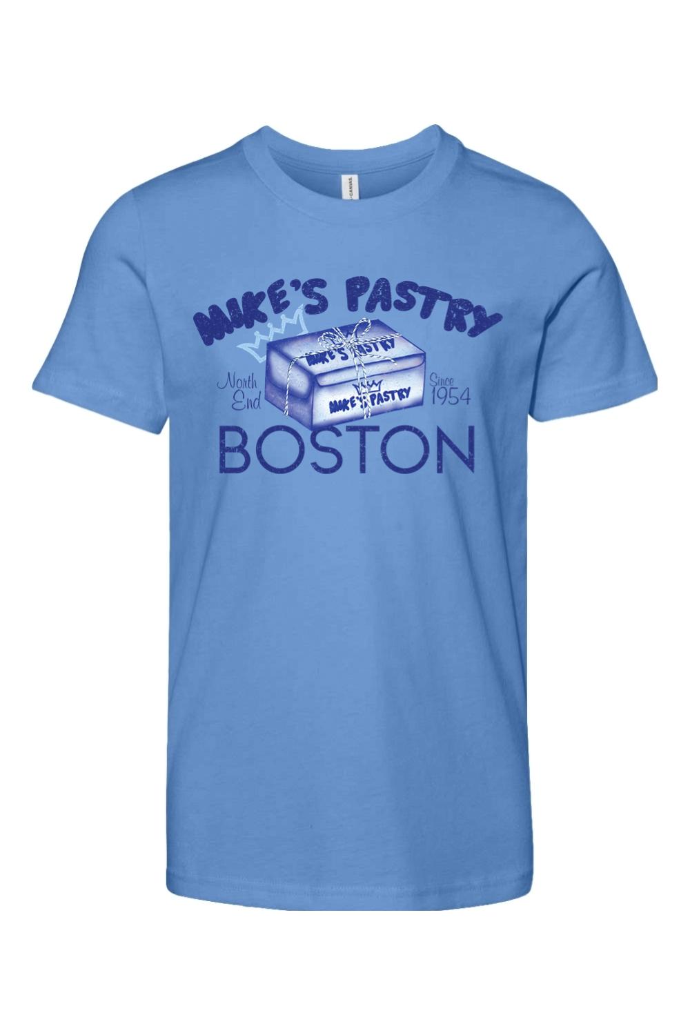Light blue youth cotton t-shirt featuring a Mike's Pastry Boston box graphic with blue text and branding.