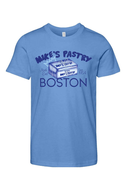 Light blue youth cotton t-shirt featuring a Mike's Pastry Boston box graphic with blue text and branding.