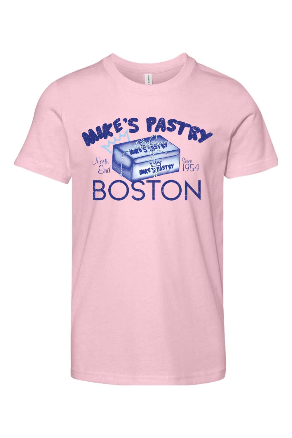 Light pink youth cotton t-shirt featuring a blue Mike's Pastry box graphic and Boston text.