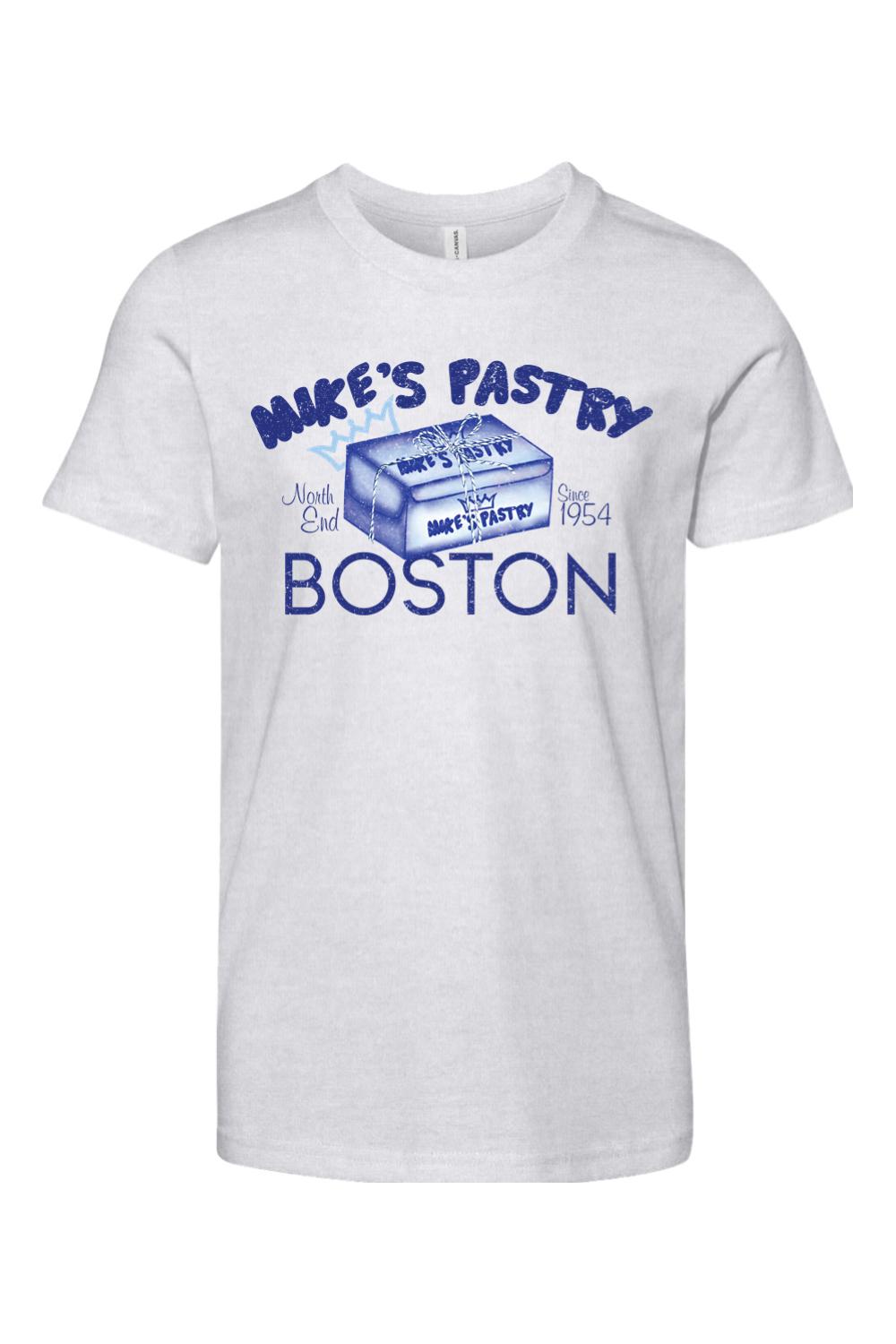 Youth heather gray cotton t-shirt featuring a blue Mike's Pastry Boston box graphic with North End 1954 text.
